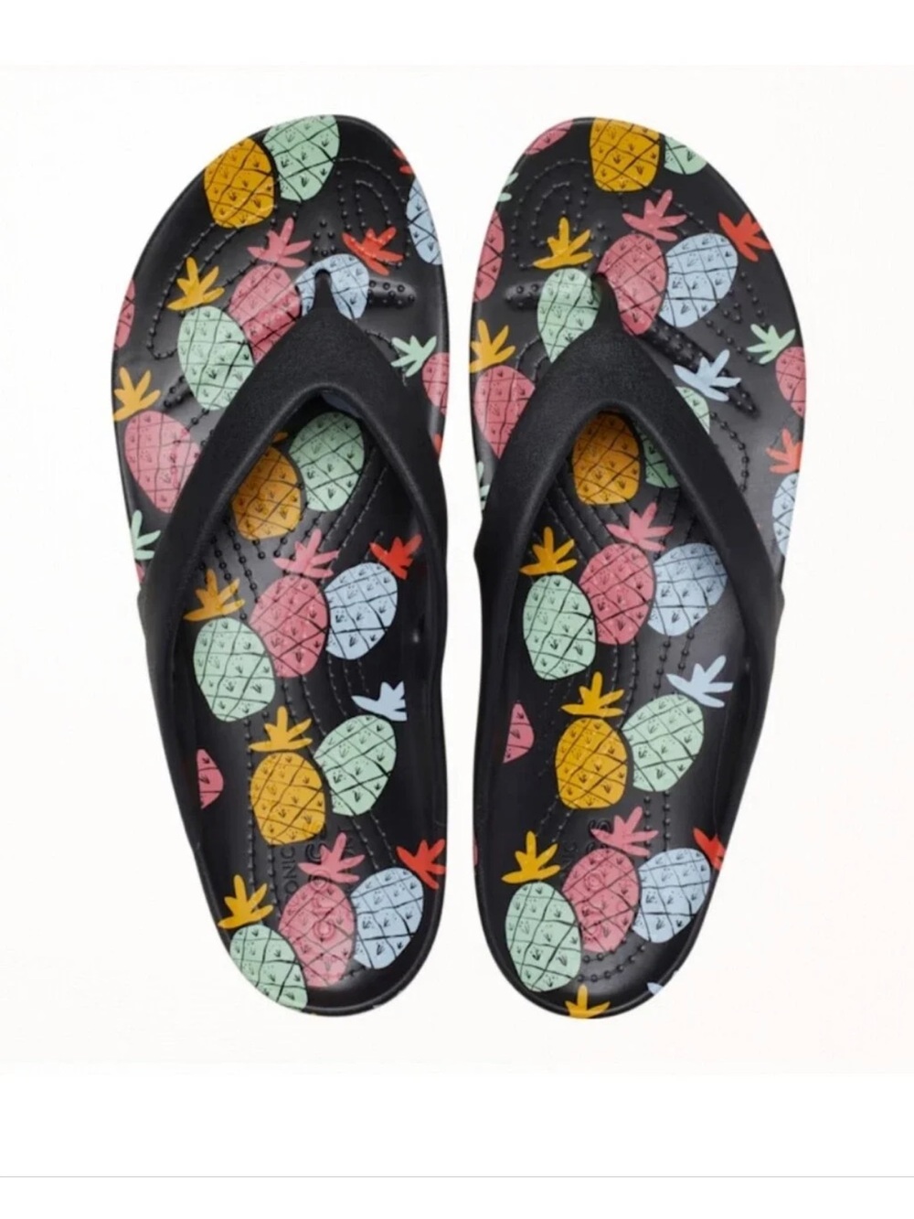 🆕 Crocs Kadee II Black Pineapple Print Flip-Flop Sandals - 9 NWT